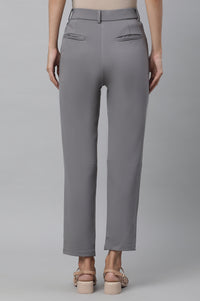 Grey Solid Slim Fit Pants With Front Zip