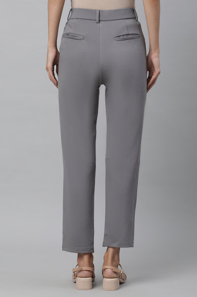Grey Solid Slim Fit Pants With Front Zip