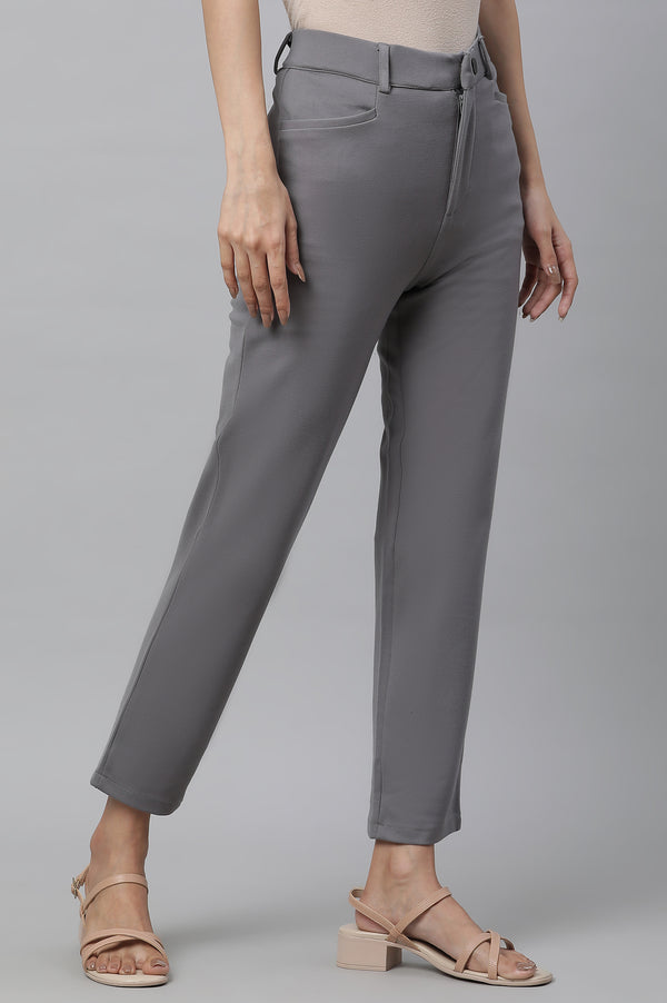 Grey Solid Slim Fit Pants With Front Zip