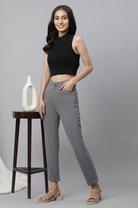 Grey Solid Slim Fit Pants With Front Zip