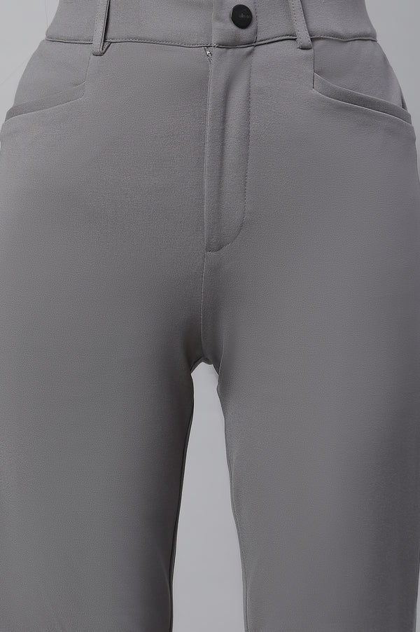 Grey Solid Slim Fit Pants With Front Zip