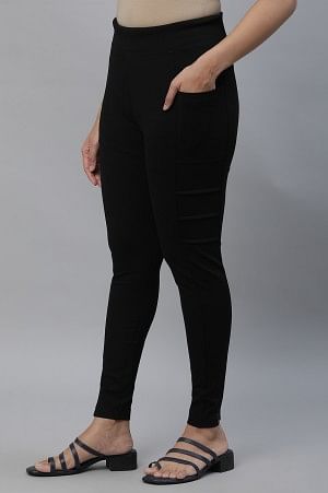 Black Solid Skinny Fit Tights With Elasticated Waist And Side Pockets