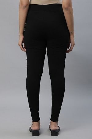 Black Solid Skinny Fit Tights With Elasticated Waist And Side Pockets