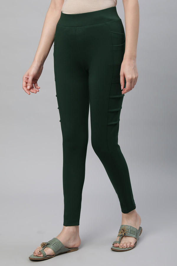 Elleven Women's Bottle Green Solid Skinny Fit Tights With Side Pockets