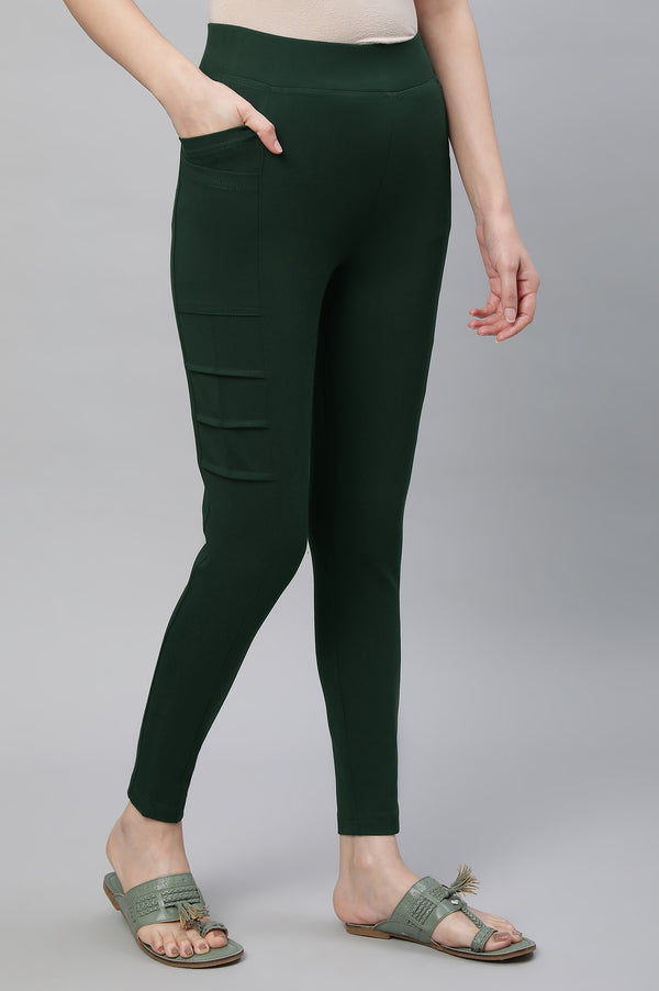 Elleven Women's Bottle Green Solid Skinny Fit Tights With Side Pockets