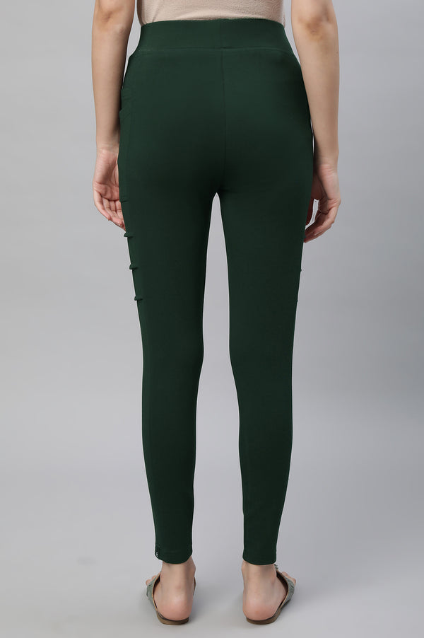 Elleven Women's Bottle Green Solid Skinny Fit Tights With Side Pockets