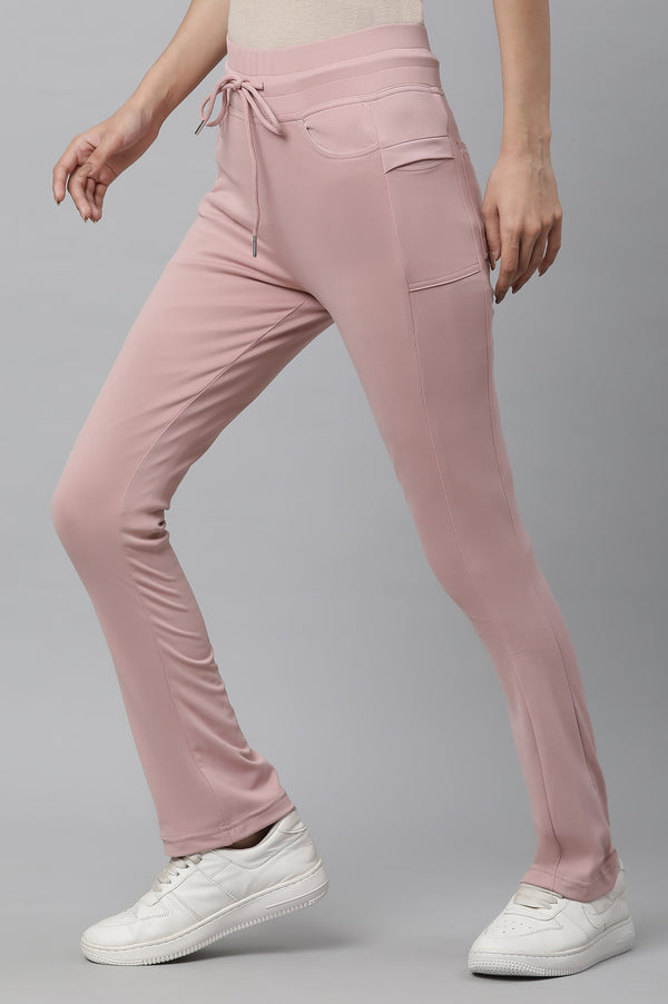 Pink Solid Boot Cut Pants With Drawstring