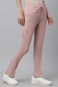 Pink Solid Boot Cut Pants With Drawstring