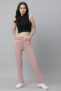 Pink Solid Boot Cut Pants With Drawstring