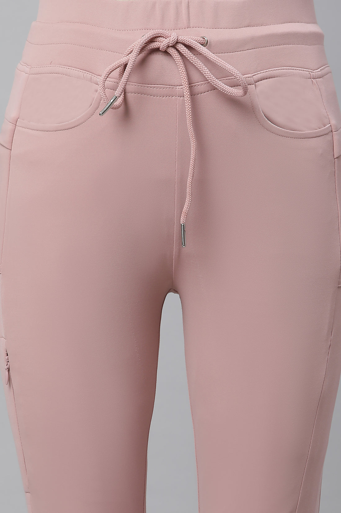Pink Solid Boot Cut Pants With Drawstring