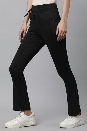 Black Solid Boot Cut Pants With Drawstring