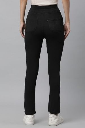 Black Solid Boot Cut Pants With Drawstring