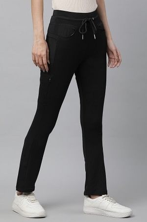 Black Solid Boot Cut Pants With Drawstring