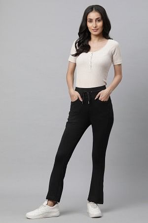 Black Solid Boot Cut Pants With Drawstring