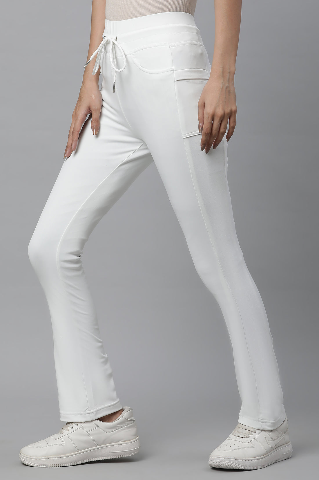 White Solid Boot Cut Pants With Drawstring