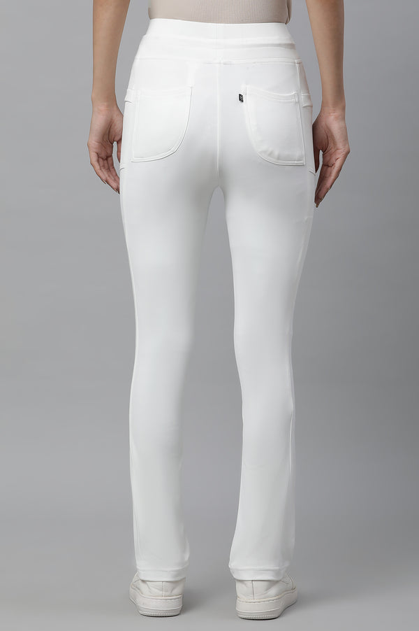 White Solid Boot Cut Pants With Drawstring