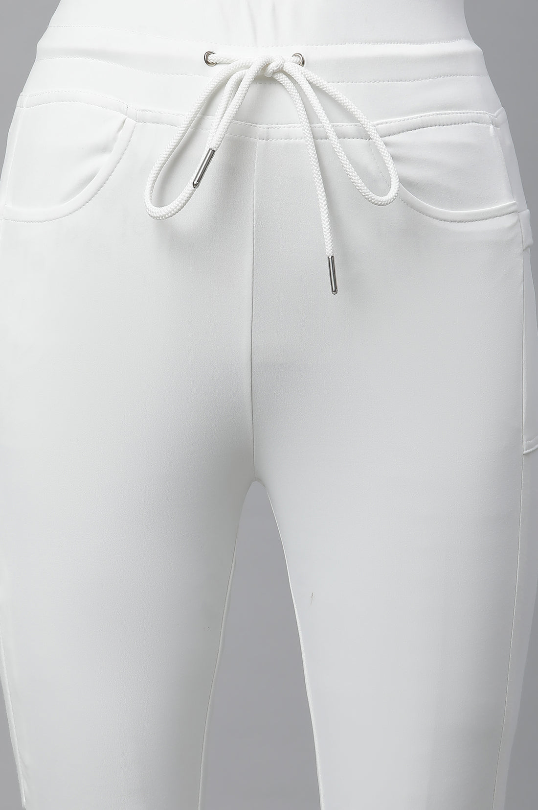White Solid Boot Cut Pants With Drawstring