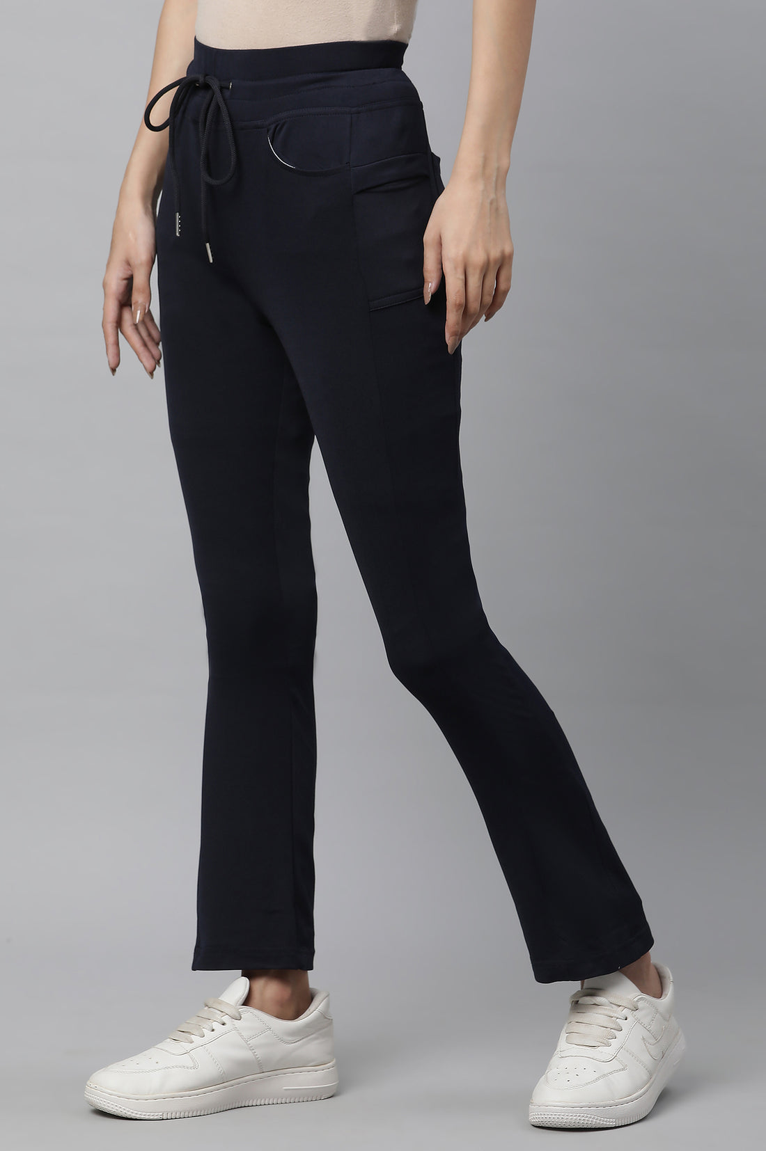 Navy Blue Solid Boot Cut Pants With Drawstring