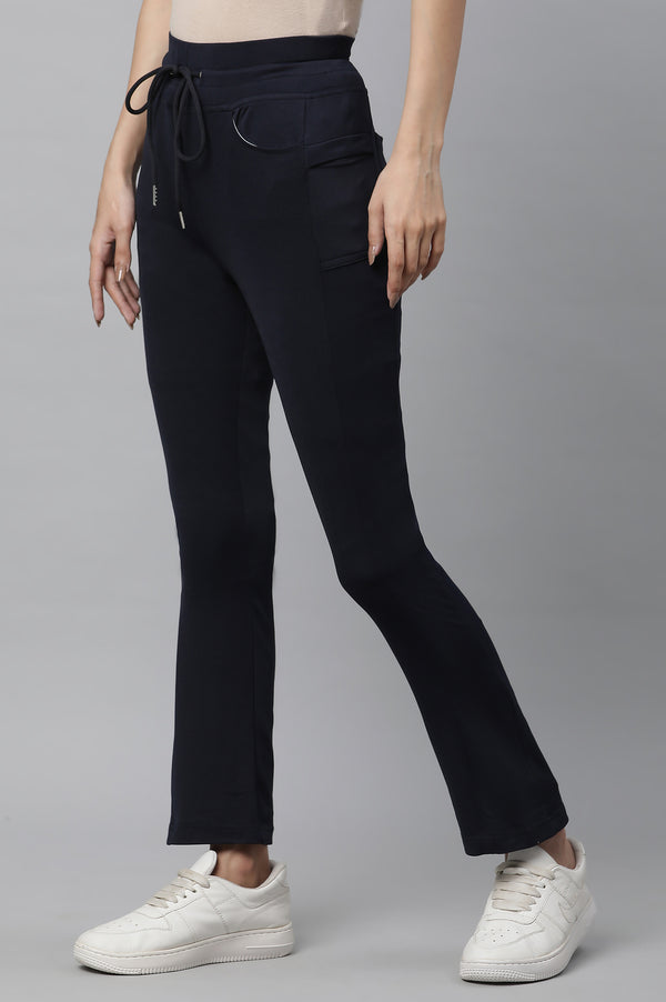 Navy Blue Solid Boot Cut Pants With Drawstring