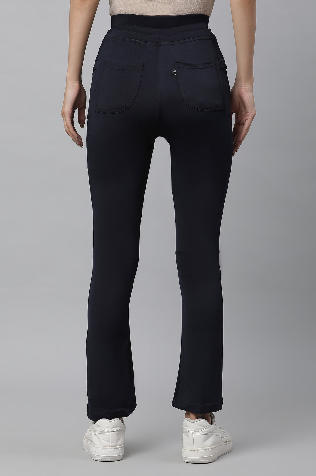 Navy Blue Solid Boot Cut Pants With Drawstring