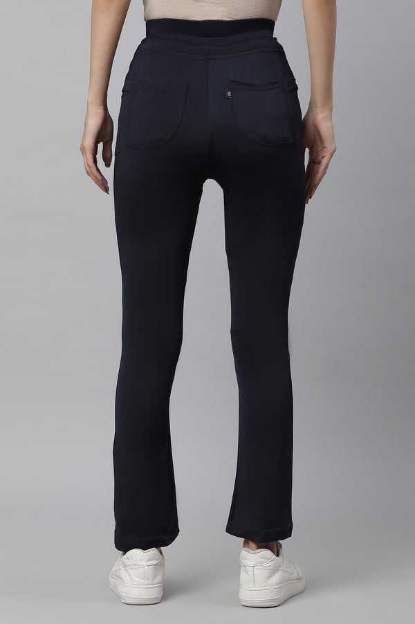 Navy Blue Solid Boot Cut Pants With Drawstring