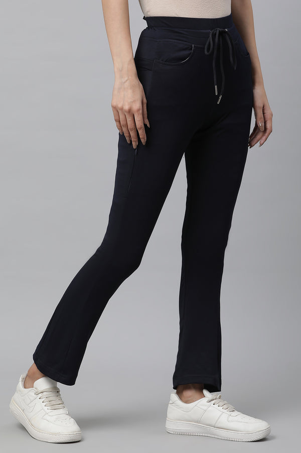 Navy Blue Solid Boot Cut Pants With Drawstring