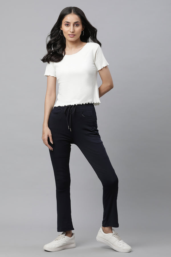 Navy Blue Solid Boot Cut Pants With Drawstring