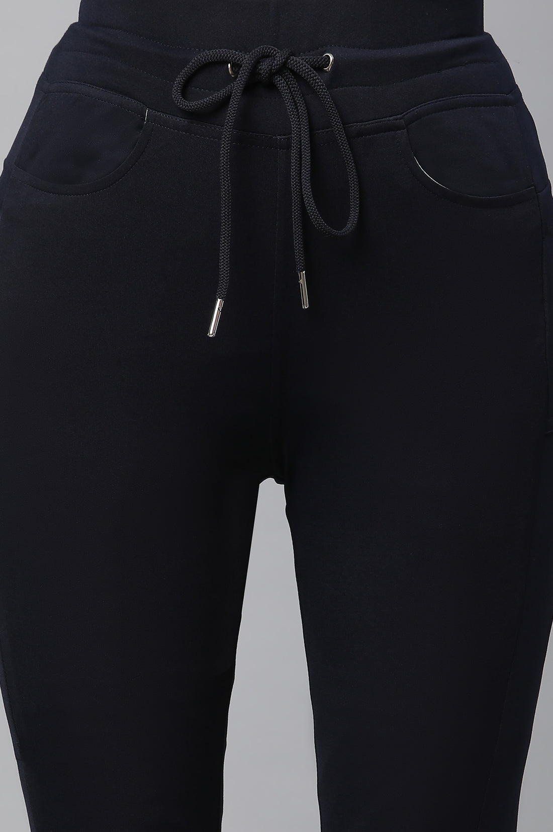 Navy Blue Solid Boot Cut Pants With Drawstring