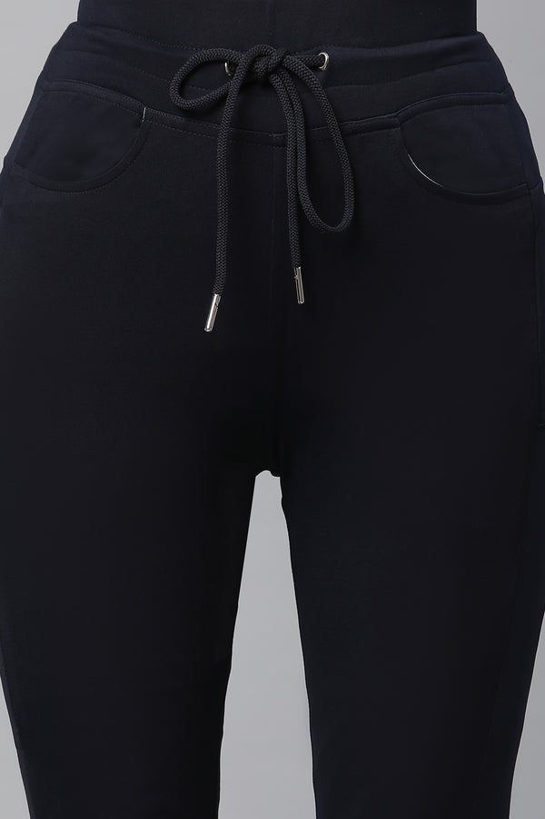 Navy Blue Solid Boot Cut Pants With Drawstring