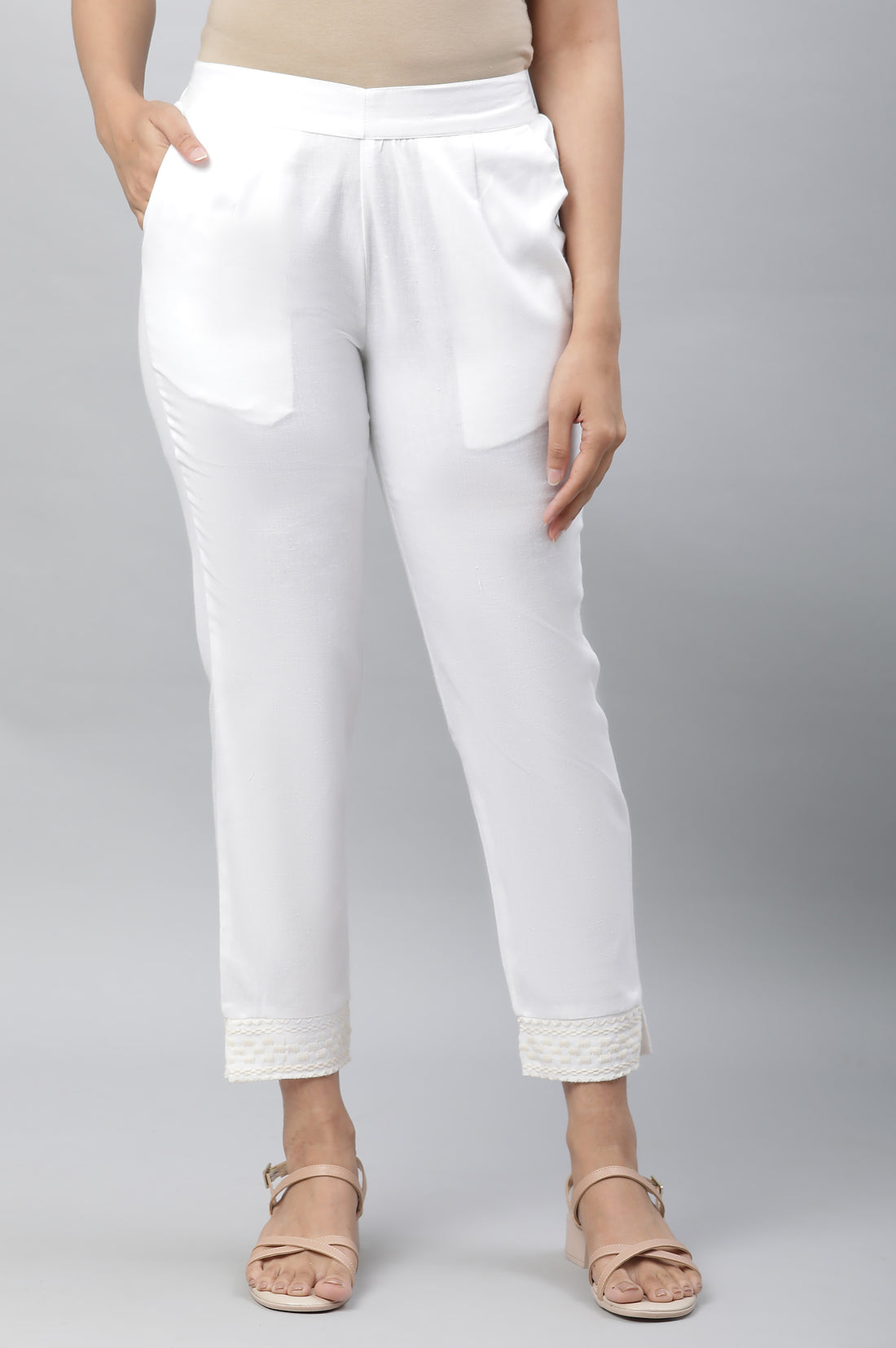 White Solid Straight Fit Cotton Trousers With Embroidered Hemline XS