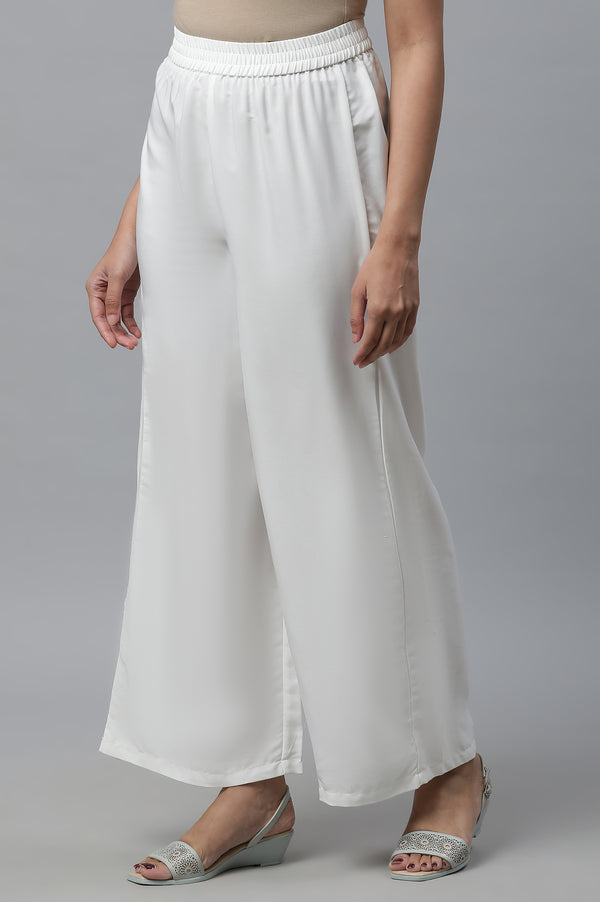 White Solid Straight Fit Woven Palazzo With Elasticated Waist
