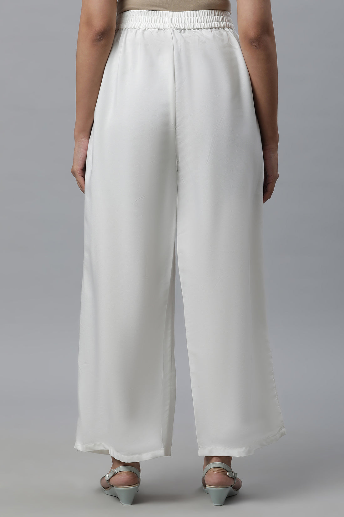 White Solid Straight Fit Woven Palazzo With Elasticated Waist