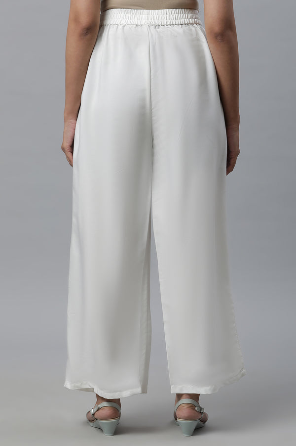 White Solid Straight Fit Woven Palazzo With Elasticated Waist
