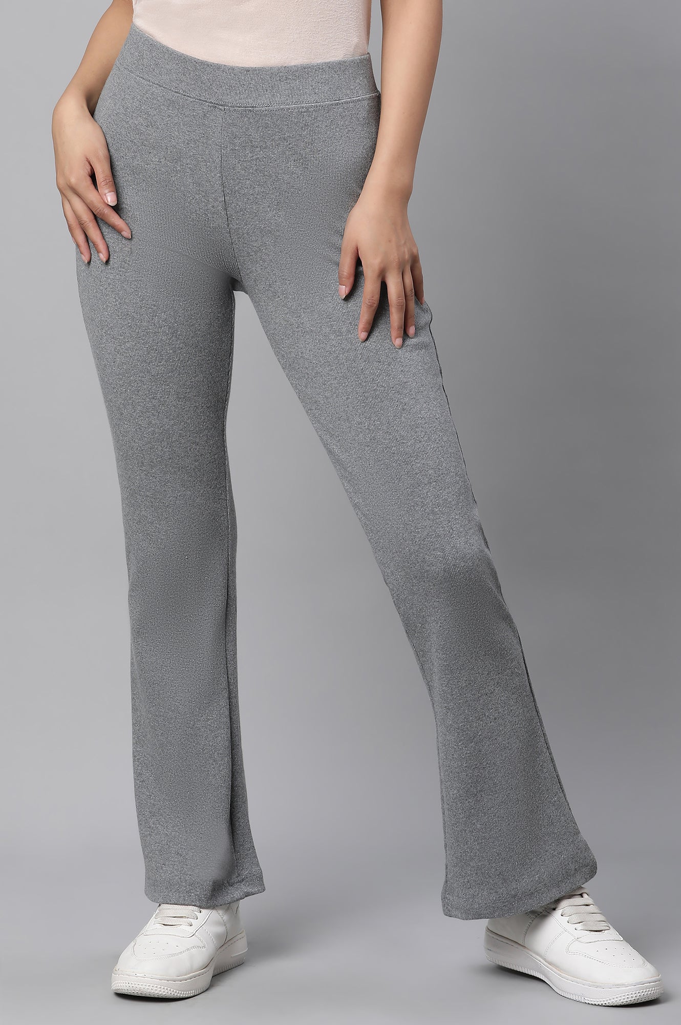 Buy Elleven Women's Grey Solid Flared Pants With Elasticated Waist