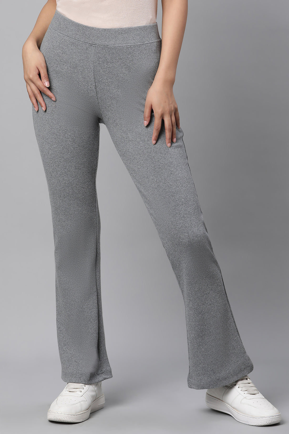 Grey Solid Flared Pants With Elasticated Waist