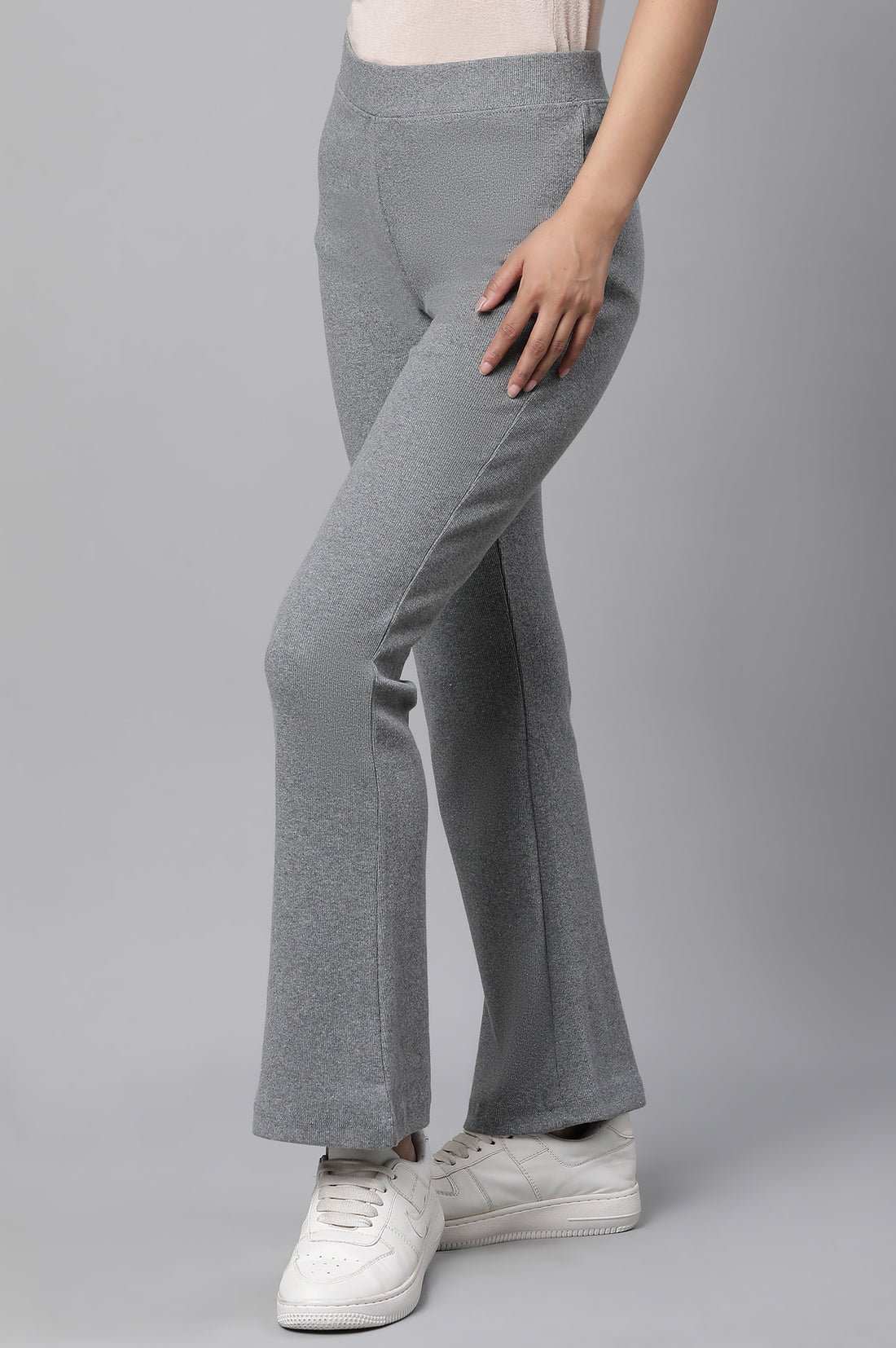 Grey Solid Flared Pants With Elasticated Waist