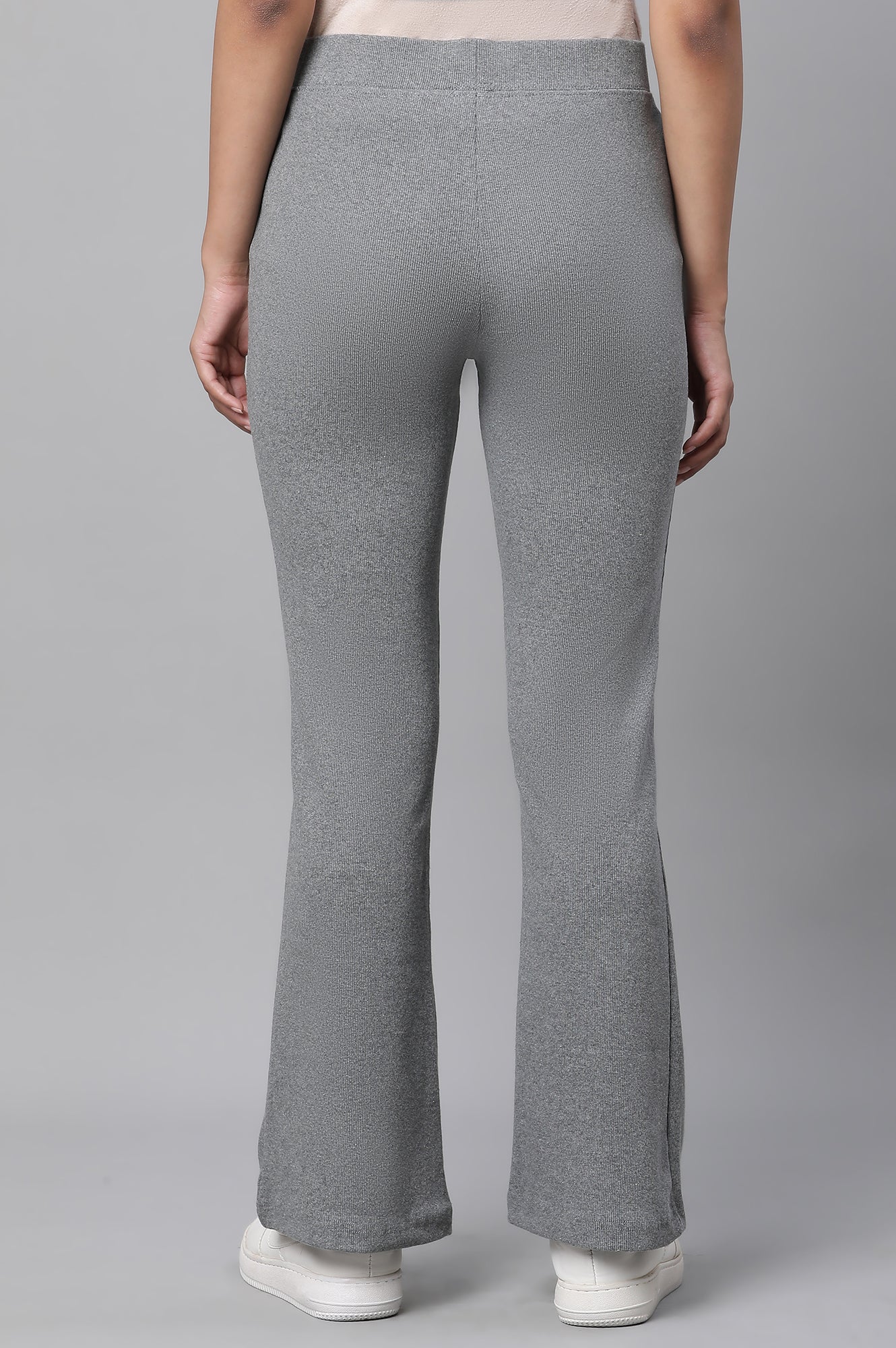 Buy Elleven Women's Grey Solid Flared Pants With Elasticated Waist