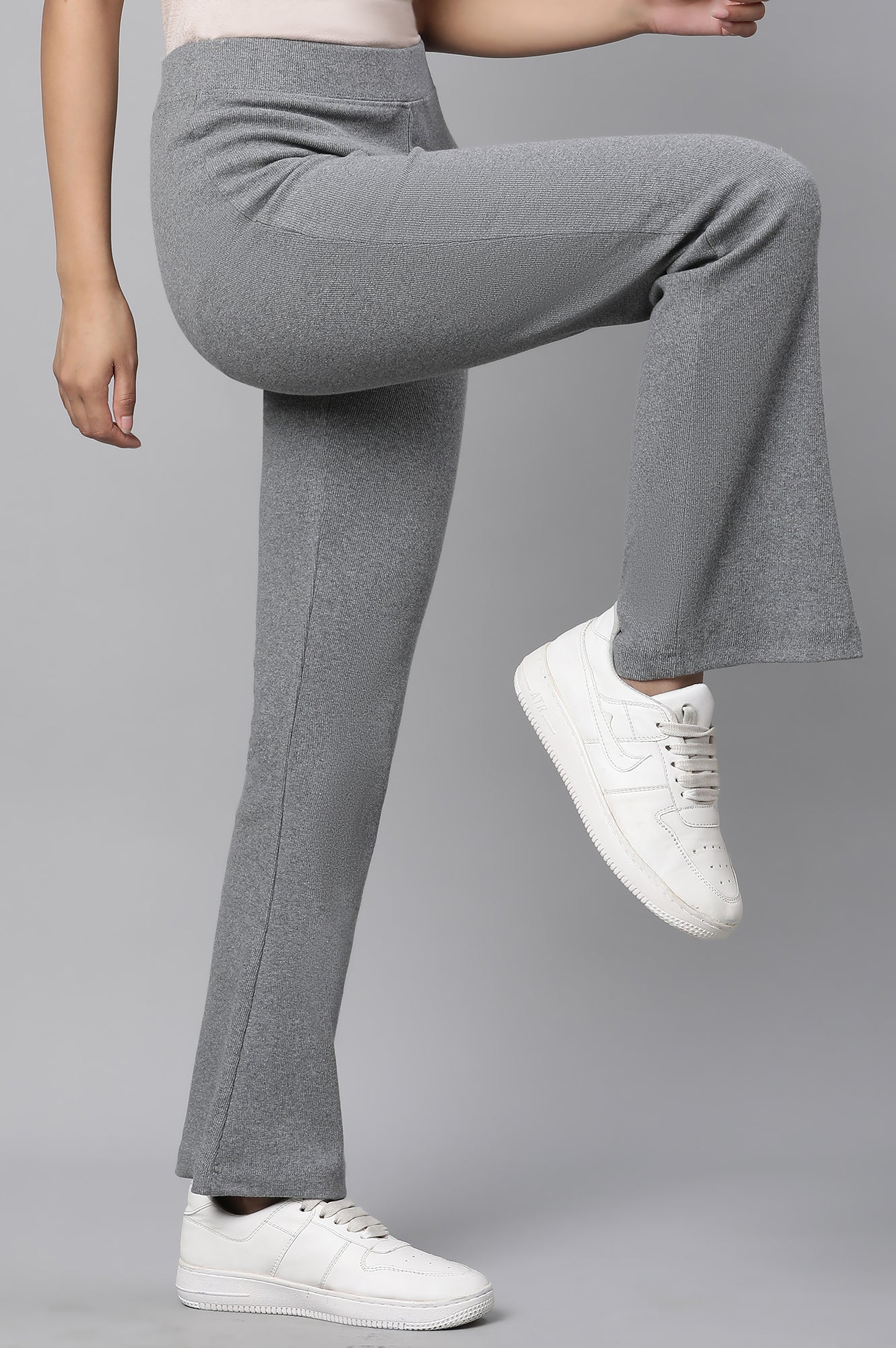 Buy Elleven Women's Grey Solid Flared Pants With Elasticated Waist