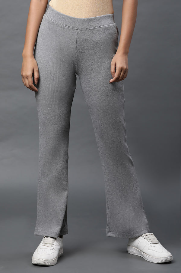 Grey Solid Flared Pants With Elasticated Waist