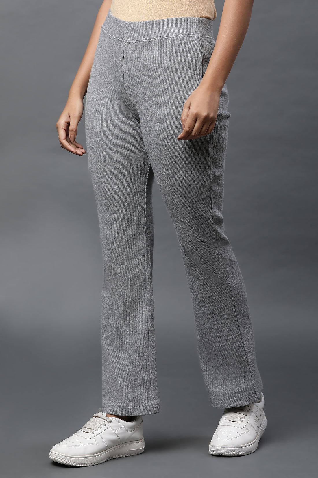 Grey Solid Flared Pants With Elasticated Waist