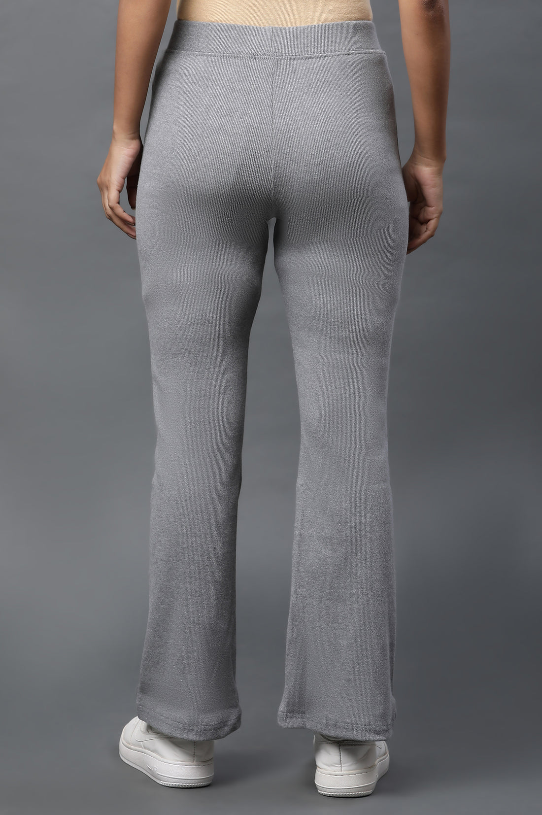 Grey Solid Flared Pants With Elasticated Waist