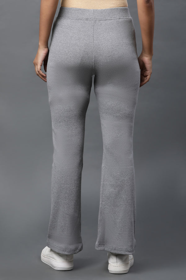 Grey Solid Flared Pants With Elasticated Waist
