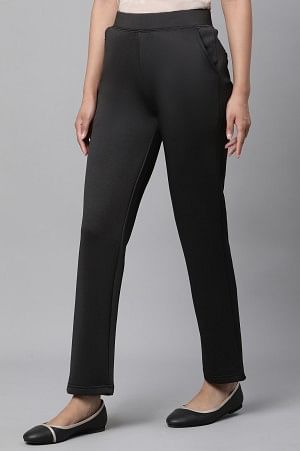 Black Solid Straight Fit Pants With Side Pockets