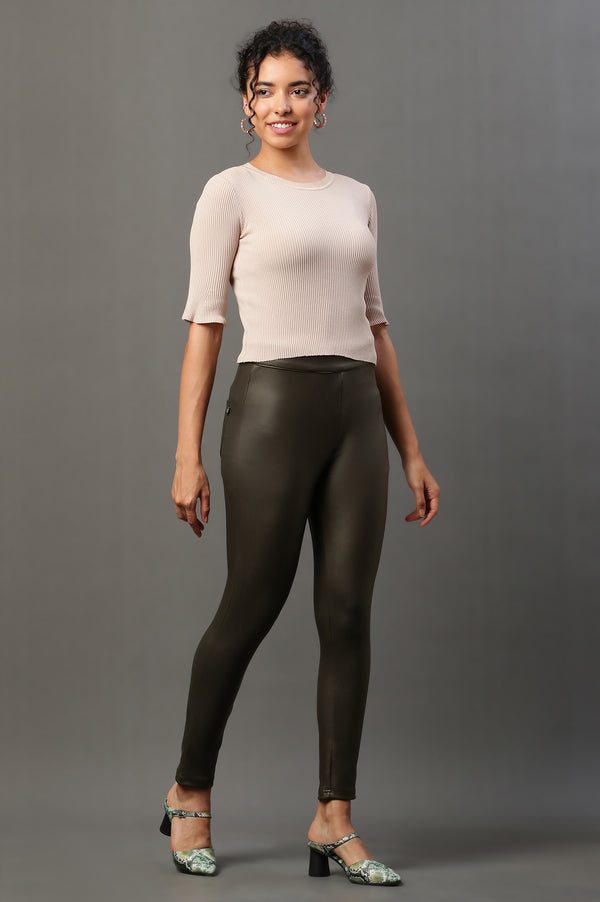 Elleven Women's Olive Green Solid Slim-fit Knit Pants with Side Zip