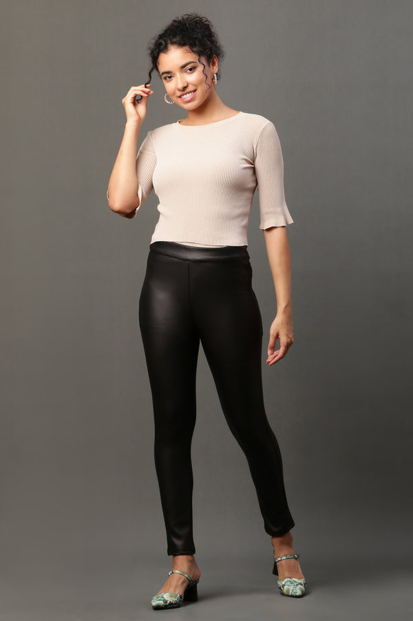 Elleven Women's Black Solid Slim Fit Pants With Side Zip