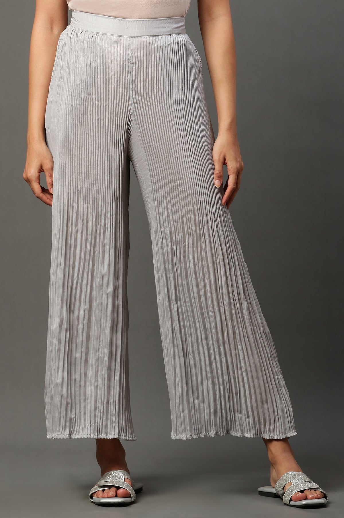 Elleven Women's Silver Solid Flared Woven Sharara With Pleated Detail - S