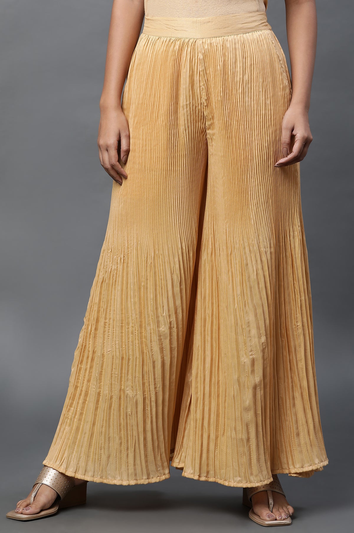 Elleven Women's Gold Solid Flared Silk Palazzo With Pleats - S