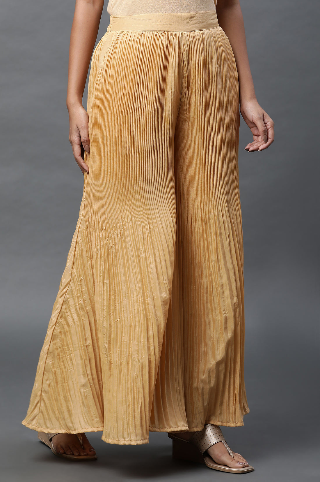Gold Solid Flared Silk Palazzo With Pleats