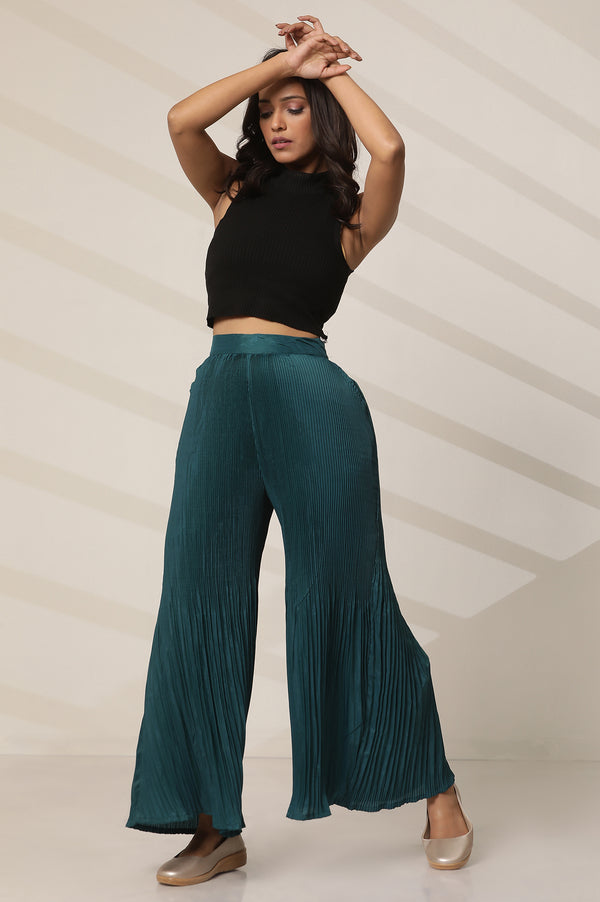 Teal Solid Flared Woven Sharara With Pleats