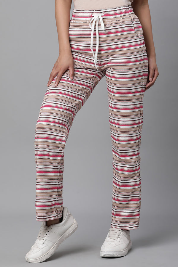 Elleven Women's Pink Striped Printed Straight Fit Pants With Drawstring